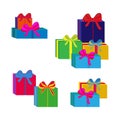 Set of different colorful wrapped gift boxes. Flat design. Beautiful present with bow. Symbol and icon for Christmas gift box. Iso Royalty Free Stock Photo