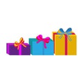 Set of different colorful wrapped gift boxes. Flat design. Beautiful present with bow. Symbol and icon for Christmas gift box. Iso Royalty Free Stock Photo