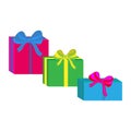 Set of different colorful wrapped gift boxes. Flat design. Beautiful present with bow. Symbol and icon for Christmas gift box. Iso Royalty Free Stock Photo