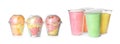 Set of different colorful yummy cotton candy in plastic cups