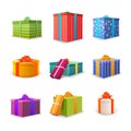 Set of different colourful bright gift boxes with tapes and bows