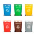 Set of different colourful trash containers for different types of waste on white