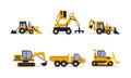 Flat vector set of construction equipment. Excavator, backhoe loader, rock truck. Heavy machinery for building Royalty Free Stock Photo