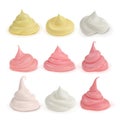 Set of different creams in side view. Pink, yellow, white cream, cosmetics, cream, ice cream, mayonnaise, sour cream Royalty Free Stock Photo