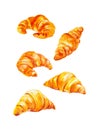 A set of different croissants. Watercolor illustration isolated on white background