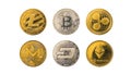 Set of different crypto coins on white background, digital currency