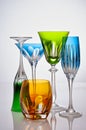 Set of different crystal glasses of different shapes, colors and uses