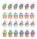 Set of different cupcakes. Watercolor illustration.