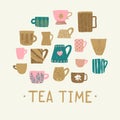 Set with different cups of tea illustrations on light background for mood poster design. Home decorations isolated Royalty Free Stock Photo