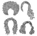 Set of different curly hairs . fashion beauty african style . fringe pencil drawing sketch