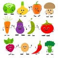 Set of different cute happy vegetable characters. Vector flat illustration isolated on white background. Cartoon set. Royalty Free Stock Photo