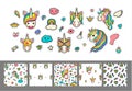 Set of different cute stickers unicorn faces with set pattern and decorations on a white background