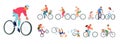 Set of different cyclist in various situations.