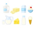 Set of different dairy products in a flat stule. Vector illustra