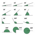 Set of different degrees angles. Geometric mathematical degree angle with arrow and green diagram round shape icon isolated.