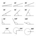 Set of different degrees angles. Geometric mathematical degree angle with arrow icon isolated. Educational school geometry