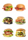 Set of different delicious burgers on background
