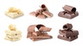 Set of different delicious chocolate pieces and curls on white Royalty Free Stock Photo