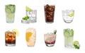 Set of delicious cocktails with ice cubes on white background Royalty Free Stock Photo