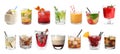 Set of different delicious cocktails on white