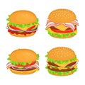 Set of different delicious hamburgers with cutlet. Vector illustration of fast food. Junk food