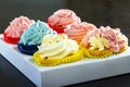 Set different delicious homemade cupcakes butter cream paper delivery box. Close up