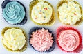 Set different delicious homemade cupcakes butter cream paper delivery box. Top view. Royalty Free Stock Photo