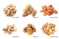 Set of different delicious organic nuts on white background Royalty Free Stock Photo