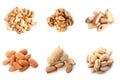 Set of different delicious organic nuts on white background Royalty Free Stock Photo