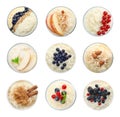 Set of different delicious rice puddings on background, top view