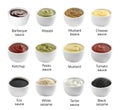 Set of different delicious sauces and condiments on background