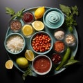 Set of different delicious sauces, simple condiments, top view created with generative AI technology