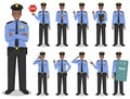 Police people concept. Detailed illustration of african american policeman standing in different poses in flat style