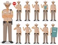 Police people concept. Detailed illustration of american policeman, sheriff standing in different positions in flat