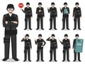 Police people concept. Detailed illustration of american policeman, sheriff, SWAT officer standing in different poses in