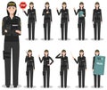 Police people concept. Detailed illustration of american policewoman, sheriff, SWAT officer standing in different poses