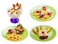 Set of different dishes of children`s menu. On white background. Meals for children Royalty Free Stock Photo