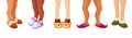 Set diverse legs and slippers vector flat illustration. Family in textile home soft shoes closeup
