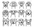 Set of different dog faces. Canine breeds in doodle style. Ink hand drawn heads of funny puppies. Pets contour simple kids style Royalty Free Stock Photo