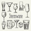 Set of Different Drink Beverage Glasses. Stemware Hand Drawn Doodle on Chalkboard