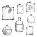 Set of different drinking hip flasks, vector drawing Royalty Free Stock Photo