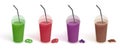 Set of different drinks in plastic cup with lid and straws. Smoothies with blueberries, strawberries, kiwi, chocolate Royalty Free Stock Photo