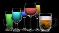 Set of different drinks in various glasses