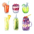 Set of different drinks, watercolor cocktails, juice and smoothies, isolated illustration