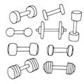 Set of different dumbbells vector illustration, hand drawing doodle