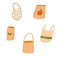Set of different eco bags in cartoon flat style. Vector illustration of zero waste paper, net, cotton, biodegradable bag