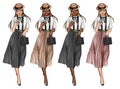 Set of 4 different elegant girls walking and wearing fashion clothes - Fashion Illustration