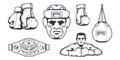 Set of different elements for box design - boxing gloves, boxer man, boxing helmet, punching bag, boxing belt. Sports equipment Royalty Free Stock Photo