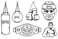 Set of different elements for box design - boxing gloves, boxer man, boxing helmet, boxing belt. Sports equipment set. Fitness Royalty Free Stock Photo