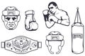 Set of different elements for box design - boxing helmet, punching bag, boxing gloves, boxing belt, boxer man. Sports equipment Royalty Free Stock Photo